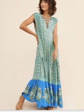 Free People Xl Rare Lace-Up V-Neck Maxi Dress in Seafoam & Blue